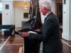 Uncle Boydie addressing function at the Museum of Australian Democracy, Old Parliament House Canberra 28 May 2014 with statue of King George V in the background