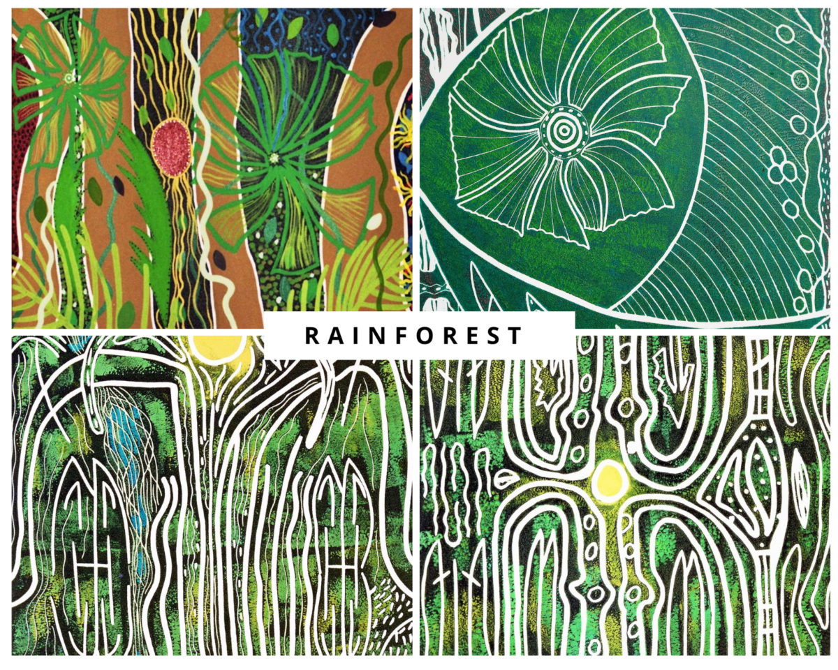 Munganbana Norman Miller Rainforest print collection four panels